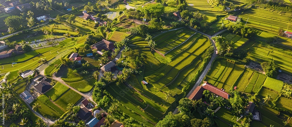 Fototapeta premium A top view of a beautiful rice field in the countryside.