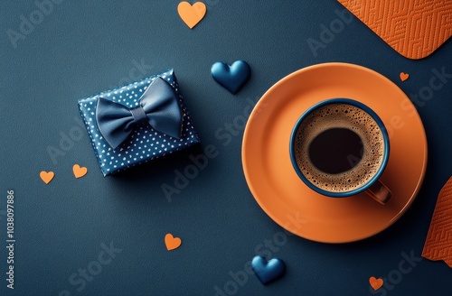 Ceramic cup of coffee on a plate next to a wrapped gift on a wooden table in ...