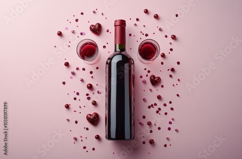 Romantic red wine and glasses arranged on pink backdrop with heart decoration...