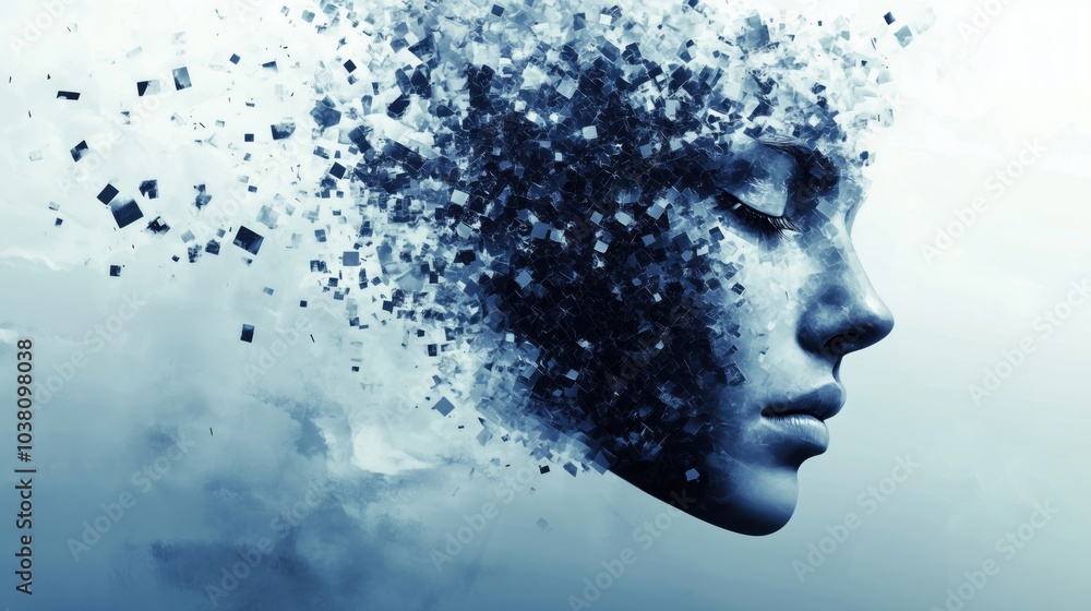 Fragmented face dissolving into cubes, abstract digital art, serene expression Fragmented face dissolving into cubes, abstract digital art, serene expression