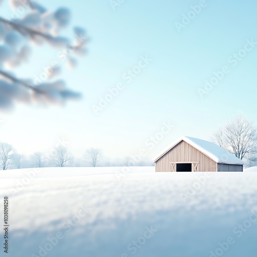 Snowy landscape with a rustic wooden barn under a clear blue sky.