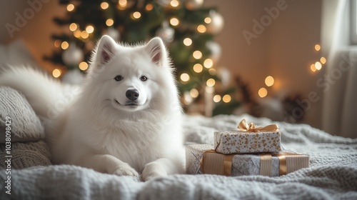 A fluffy white dog relaxes near a decorated Christmas tree and wrapped gifts ...