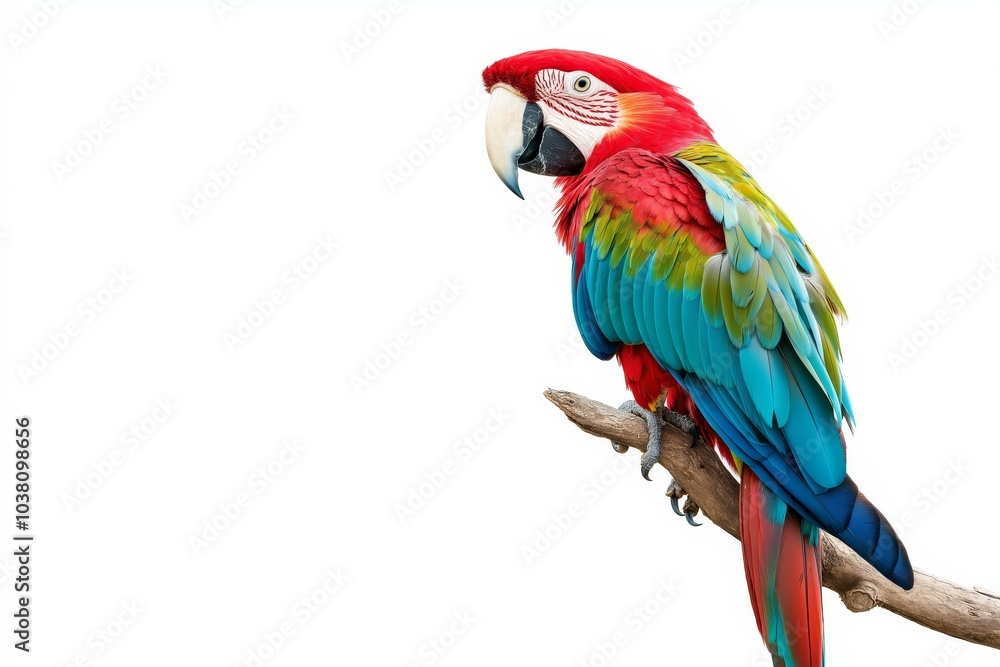 Obraz premium Curious parrot perched on branch, captured in minimalist portrait against white background isolated