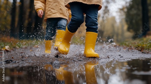 Children in Yellow Boots Splashing in Puddles 