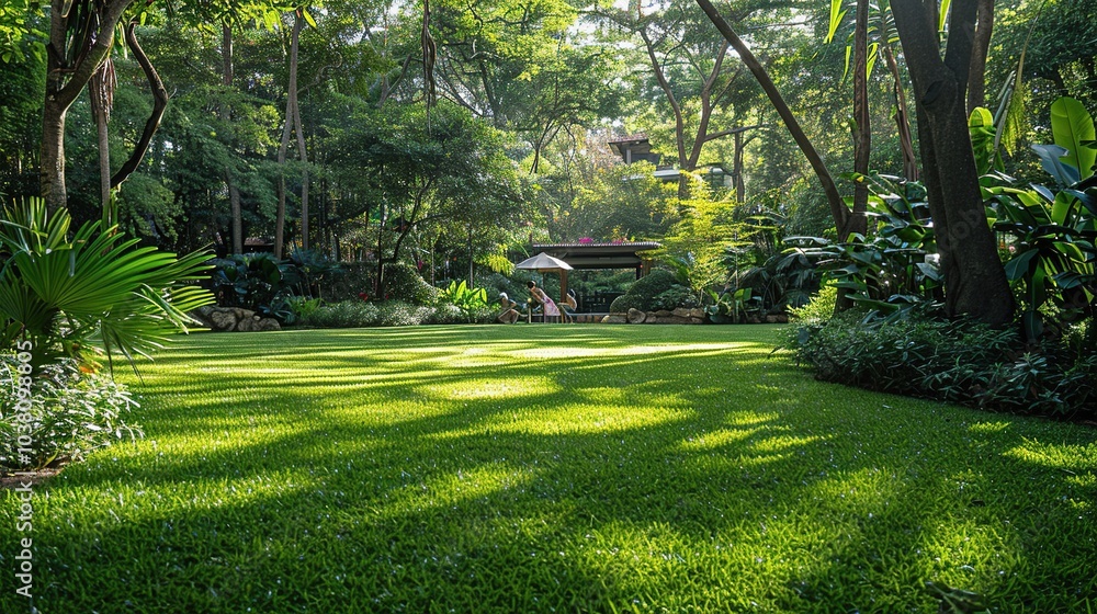 Naklejka premium Picture of a lush green lawn in a large garden. Green grass with a beautiful yard for the background.