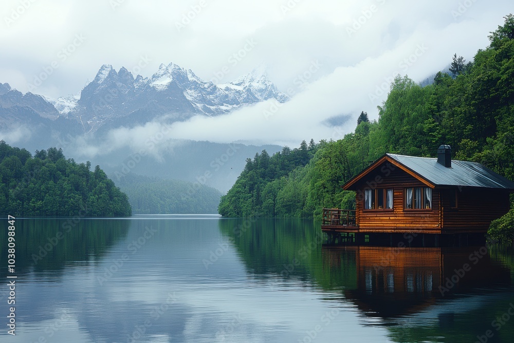 Naklejka premium A serene wooden cabin on a lake with mountains in the background. Nature and tranquility meet in this peaceful, scenic environment.