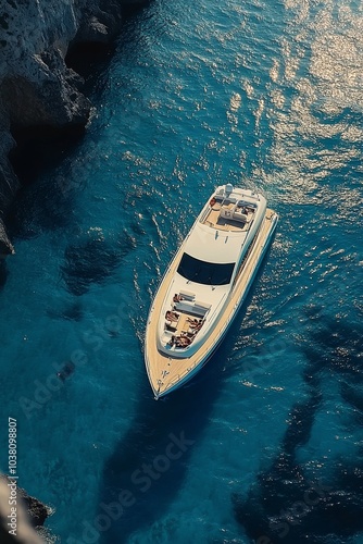 Luxury yacht cruising through clear blue waters on a sunny day in summer