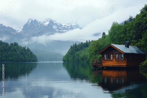 A serene wooden cabin on a lake with mountains in the background. Nature and tranquility meet in this peaceful, scenic environment.