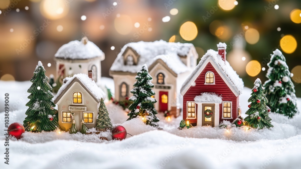 Christmas village scene with snow-covered houses, trees, and festive decorations Christmas village scene with snow-covered houses, trees, and festive decorations