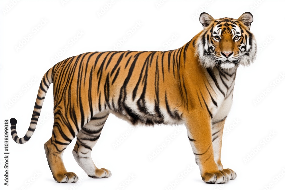 Naklejka premium Proud tiger portrait standing tall and gazing to the side on a minimalistic white background isolated