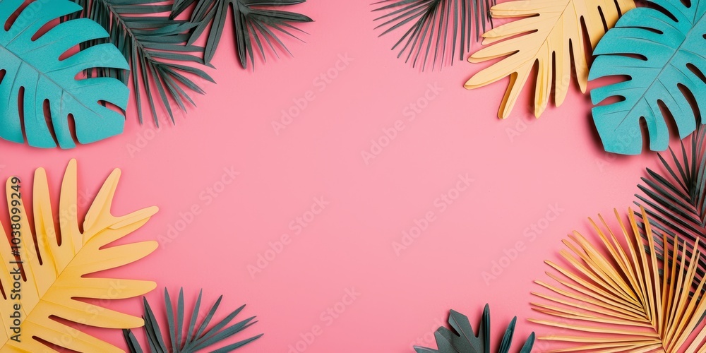 Vibrant Paper Leaves on Pink Background Vibrant Paper Leaves on Pink Background