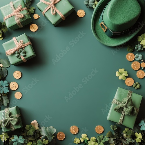Festive green gifts and decorations with coins and clovers for celebration at...