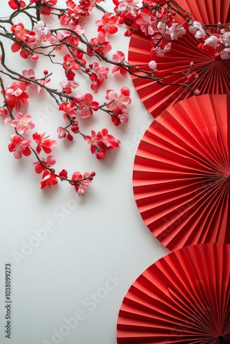 Decorative arrangement of cherry blossoms and red fans for celebration on a w...