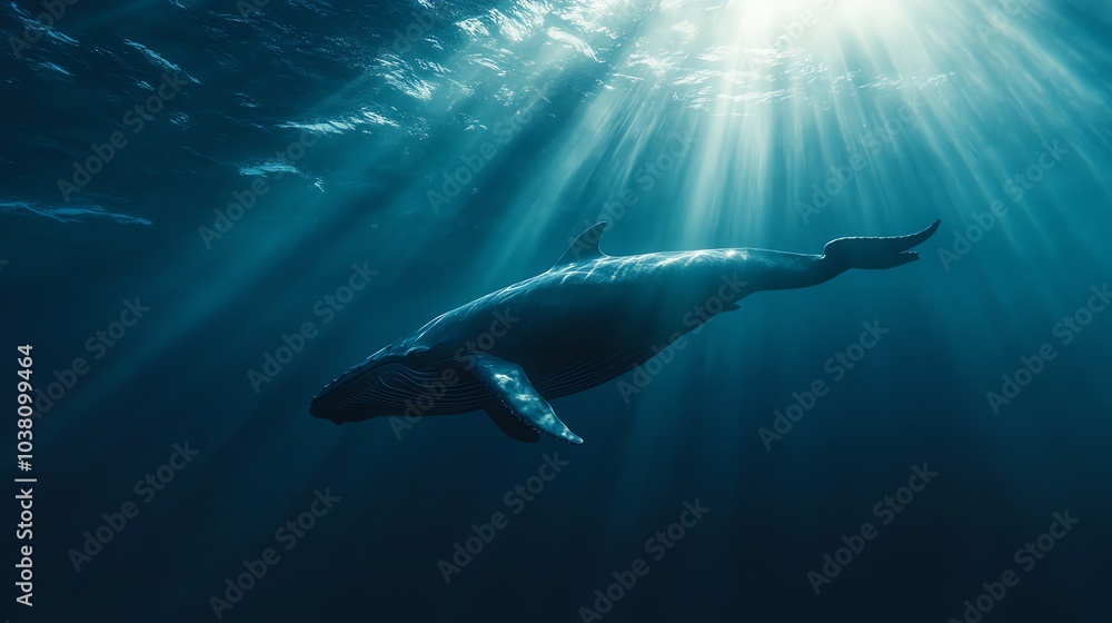 A humpback whale swims in deep blue water with sunlight rays shining down. A humpback whale swims in deep blue water with sunlight rays shining down.
