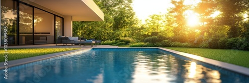 A serene sunset view over a tranquil swimming pool in a beautiful garden