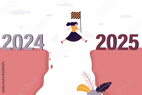 Ambitious businesswoman hold finish flag and  jump across gap from old year 2024 to 2025. Happy new year 2025 hope for business success, year resolution or opportunity,