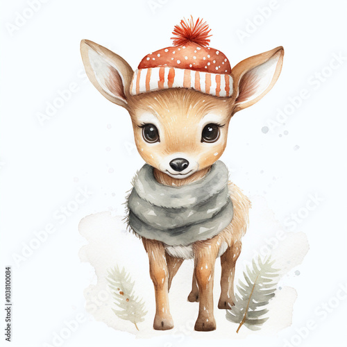 Reindeer with scarf and winter hat with white background photo