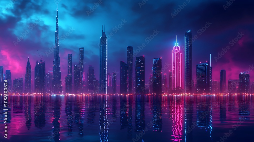Dynamic futuristic city view illuminated with neon reflections Dynamic futuristic city view illuminated with neon reflections