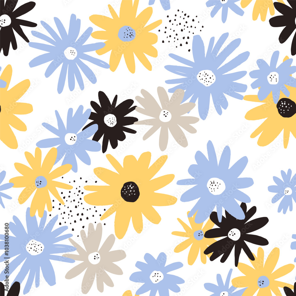 Seamless ink drawn daisy flowers pattern. Fashion floral texture made with brush. Creative fabric, textile, wallpaper background. Seamless ink drawn daisy flowers pattern. Fashion floral texture made with brush. Creative fabric, textile, wallpaper background.