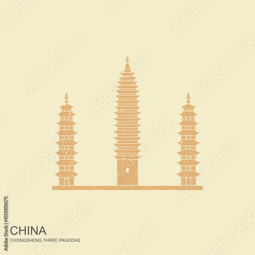 The Three Pagodas of the Chongsheng Temple. China. Flat con of Chinese landmarks