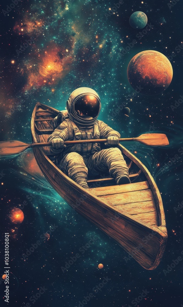 Naklejka premium Astronaut rows wooden boat through space.