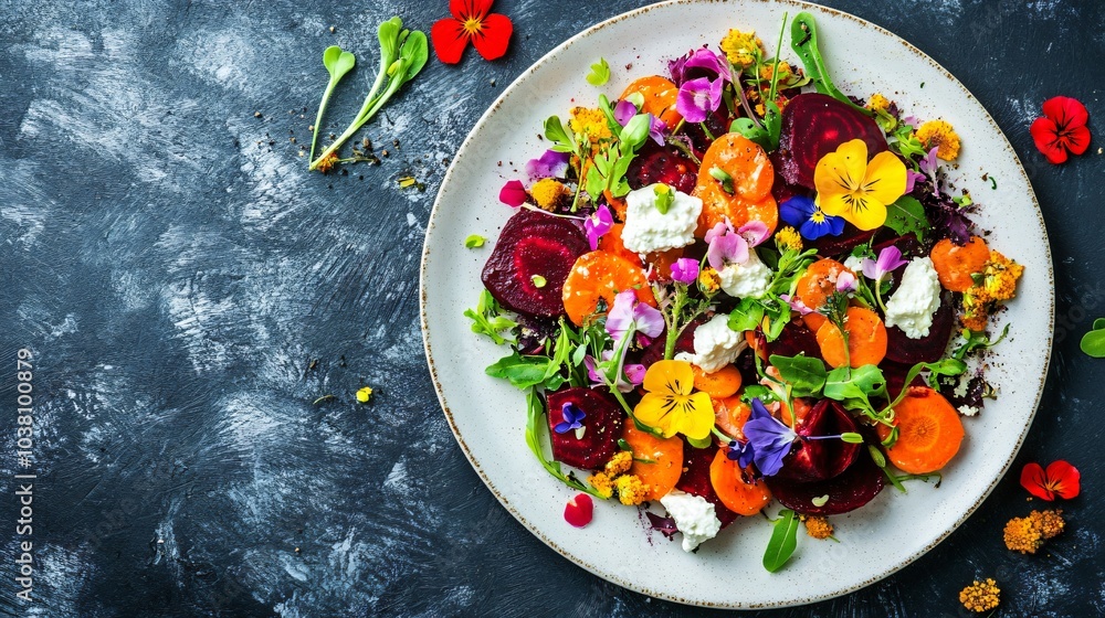 Carrot and beetroot salad with goat cheese, isolated on a white ceramic plate with decorative edible flowers Carrot and beetroot salad with goat cheese, isolated on a white ceramic plate with decorative edible flowers