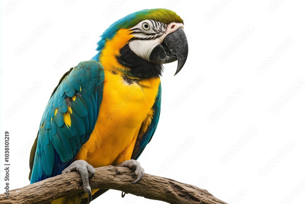 Curious parrot portrait perched on branch, side view, minimalist style on white background isolated Curious parrot portrait perched on branch, side view, minimalist style on white background isolated
