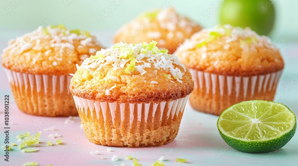 Carrot and coconut muffins with a lime glaze, isolated on a pastel background with coconut flakes and lime zest Carrot and coconut muffins with a lime glaze, isolated on a pastel background with coconut flakes and lime zest