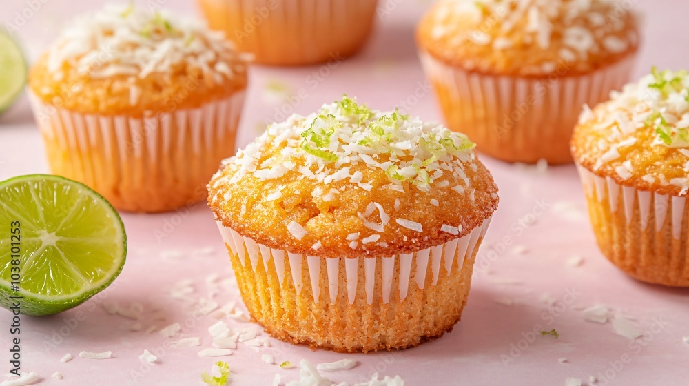Carrot and coconut muffins with a lime glaze, isolated on a pastel background with coconut flakes and lime zest Carrot and coconut muffins with a lime glaze, isolated on a pastel background with coconut flakes and lime zest