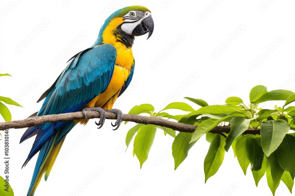 Curious parrot perched on branch minimalist full length portrait against white background isolated Curious parrot perched on branch minimalist full length portrait against white background isolated