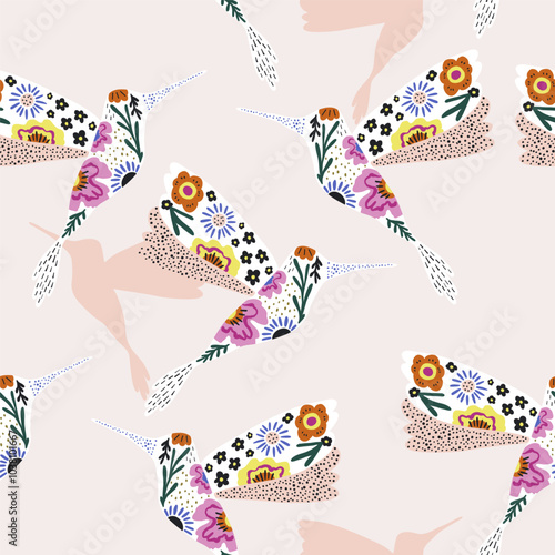 Seamless pattern with creative floral hummingbirds. Blossom texture. Vector illustration.