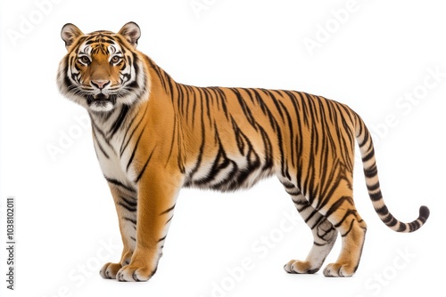 Majestic tiger portrait proud stance and side glance on minimalistic white background isolated