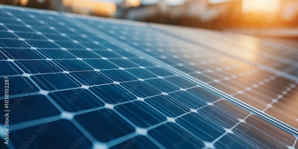 Fototapeta premium Solar Energy Panel Installation on Rooftop at Sunset