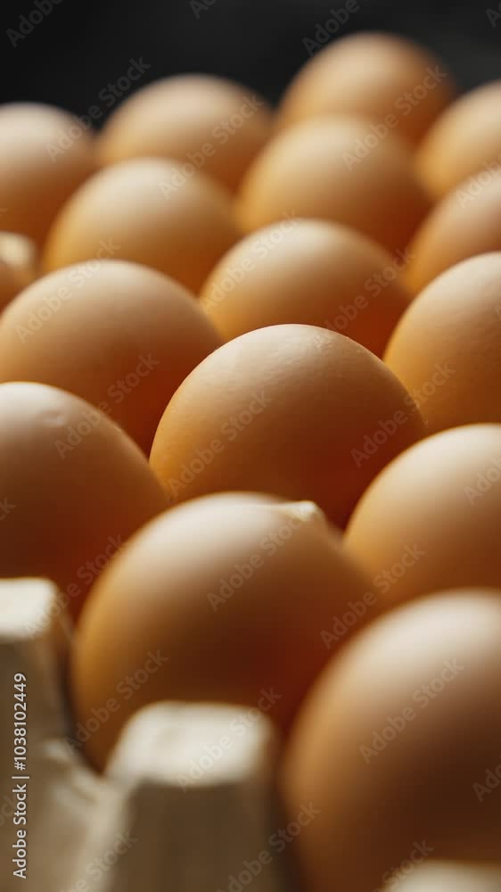 Paper tray with organic eggs rotating. Farm fresh eggs nestled in rustic paper tray at black background. Vertical footage. GMO free product. Close-up in 4K, UHD Paper tray with organic eggs rotating. Farm fresh eggs nestled in rustic paper tray at black background. Vertical footage. GMO free product. Close-up in 4K, UHD