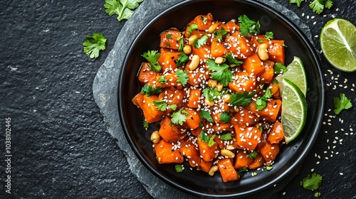 Carrot and peanut stir-fry, isolated on a stone background with sesame seeds, lime wedges, and cilantro as garnish