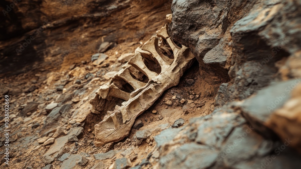 Fossilized dinosaur bones in a rocky outcrop, partially revealed by erosion. Fossilized dinosaur bones in a rocky outcrop, partially revealed by erosion.