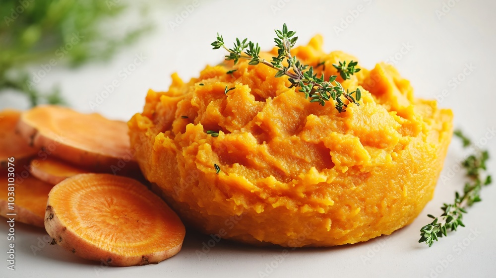 Carrot and sweet potato mash with a herb garnish, isolated on a light background with thyme and carrot slices Carrot and sweet potato mash with a herb garnish, isolated on a light background with thyme and carrot slices