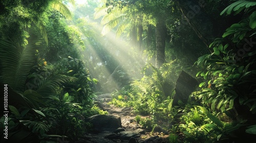 Sun Rays Shining Through Lush Jungle