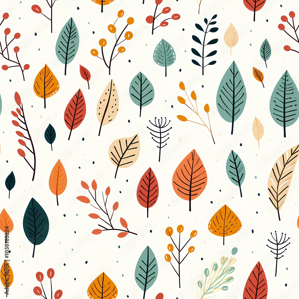 Colorful leaves and berries create a lively pattern. Colorful leaves and berries create a lively pattern.