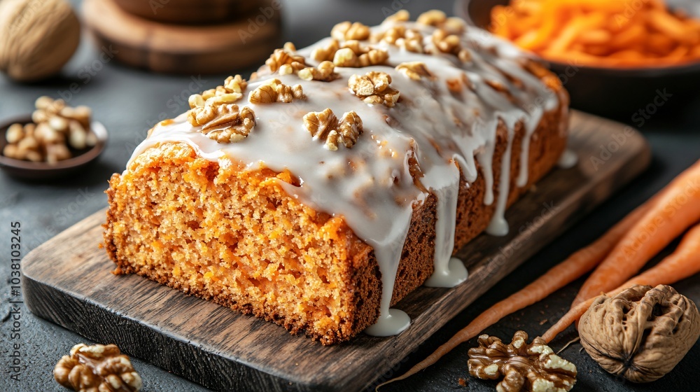 Carrot and walnut loaf with a spiced glaze, isolated on a dark wooden board with decorative walnuts and grated carrots Carrot and walnut loaf with a spiced glaze, isolated on a dark wooden board with decorative walnuts and grated carrots