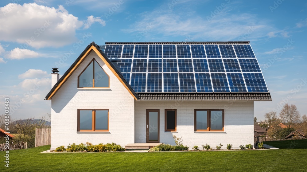 A modern home featuring solar panels on the roof, set against a clear blue sky and green lawn, highlighting eco-friendly energy solutions.