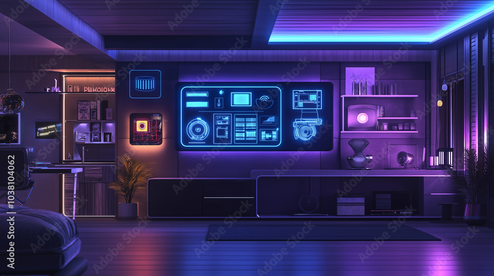 Futuristic AI-Driven Smart Home with Holographic Control Hub for Lighting, Temperature, and Security Automation, Featuring Energy Efficiency and Smart Appliances in a Sleek, Minimalist Design Futuristic AI-Driven Smart Home with Holographic Control Hub for Lighting, Temperature, and Security Automation, Featuring Energy Efficiency and Smart Appliances in a Sleek, Minimalist Design