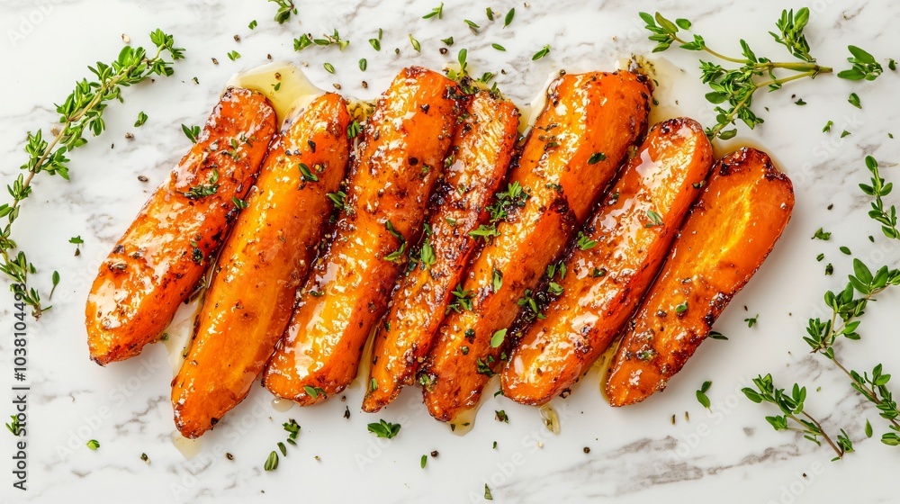 Roasted glazed carrots with honey and thyme, isolated on a white marble background with sprigs of fresh herbs Roasted glazed carrots with honey and thyme, isolated on a white marble background with sprigs of fresh herbs