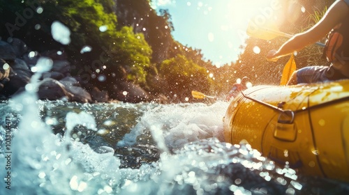 A close-up of a yellow kayak navigating a river with splashing water in a sunny environment.