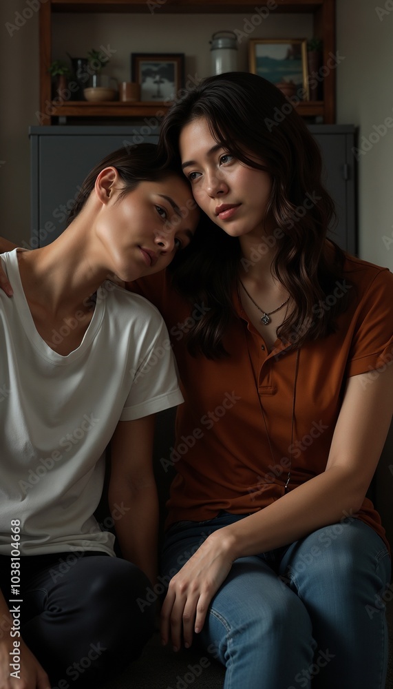 Intimate moment between two women sharing emotions in a cozy indoor setting
Intimate moment between two women sharing emotions in a cozy indoor setting