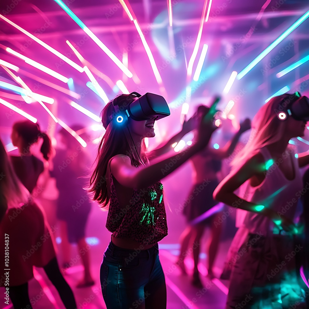 Energetic dancers illuminated by dazzling neon lights at night picture Energetic dancers illuminated by dazzling neon lights at night picture