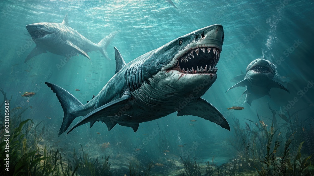 Fototapeta premium Giant prehistoric sharks swimming through an ancient ocean, hunting smaller marine life.