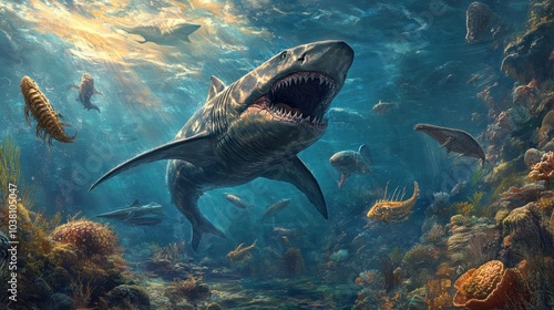 Wallpaper Mural Giant prehistoric sharks swimming through an ancient ocean, hunting trilobites and smaller marine life. Torontodigital.ca