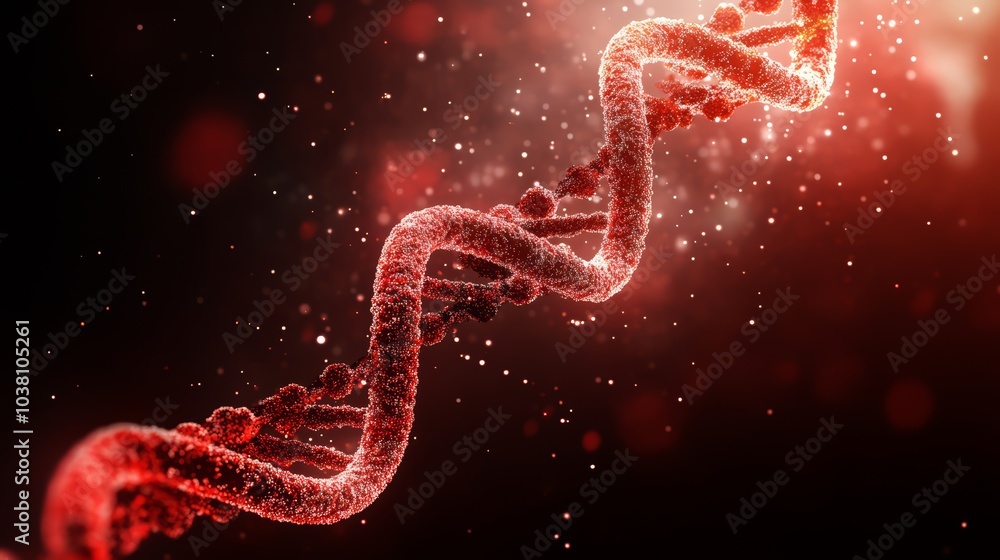 Abstract DNA strand with glowing particles in red color, white isolate background. Abstract DNA strand with glowing particles in red color, white isolate background.