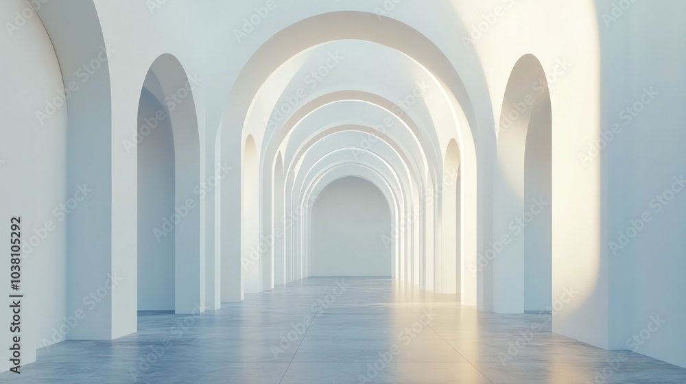 A long, white hallway with arched doorways, creating a sense of depth and perspective. A long, white hallway with arched doorways, creating a sense of depth and perspective.